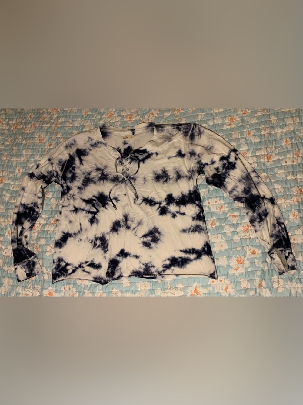 Hollister Blue & White Tie-Dye Lace-Up Long Sleeve Top
